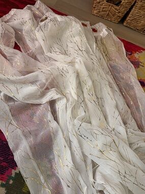 Sheer White Curtain Panels (4) with Gold Branch Pattern